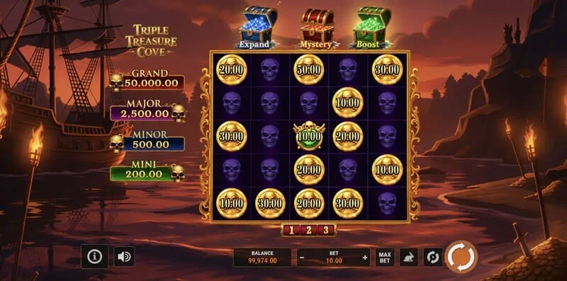 Triple Treasure Cove - главен екран со ролни и пиратски залив